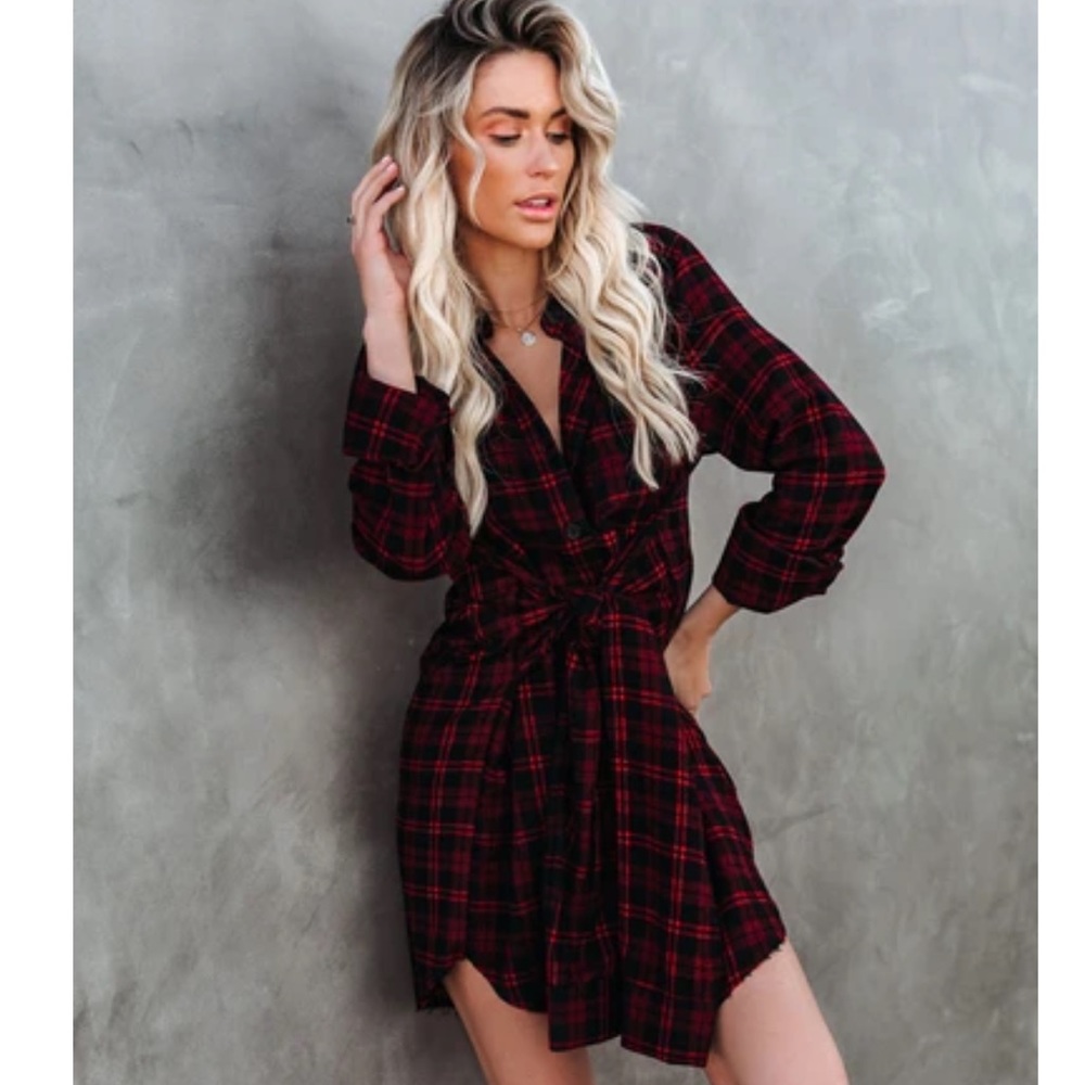 Cotton plaid tie front shirt dress